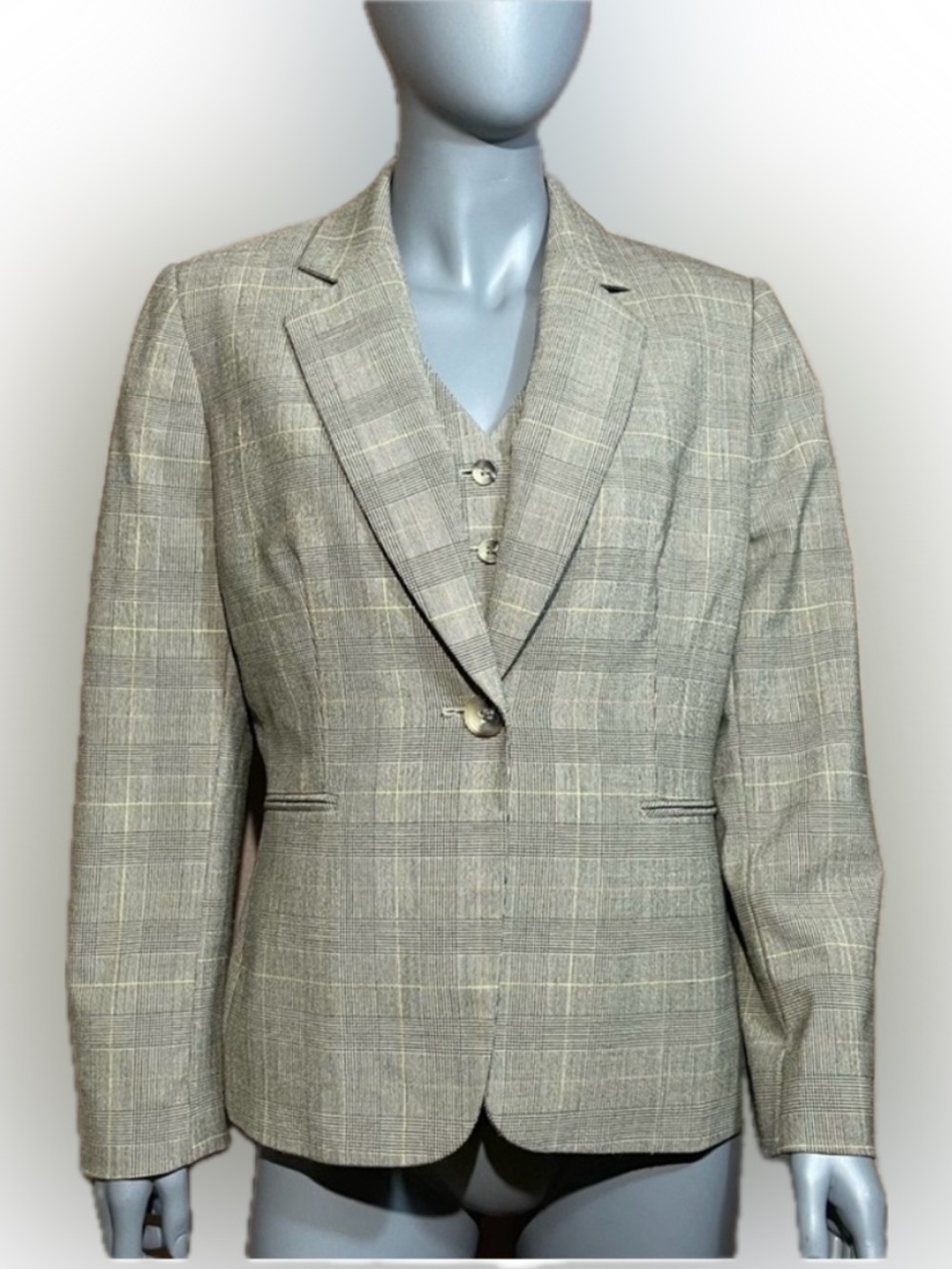 Tahari 10P Dark Beige Plaid Women's Wool Blend Blazer and Vest GUC